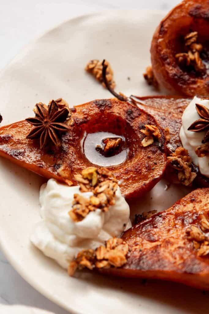 air fryer pears with maple syrup on top