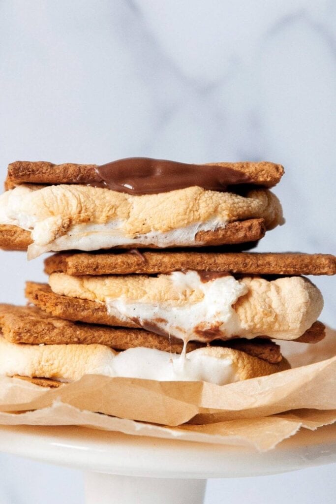 stack of three air fryer s'mores with melted chocolate