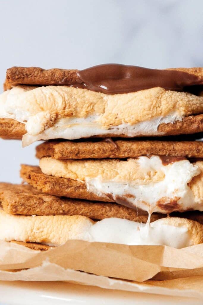 stack of air fried s'mores with golden marshmallows and melted chocolate