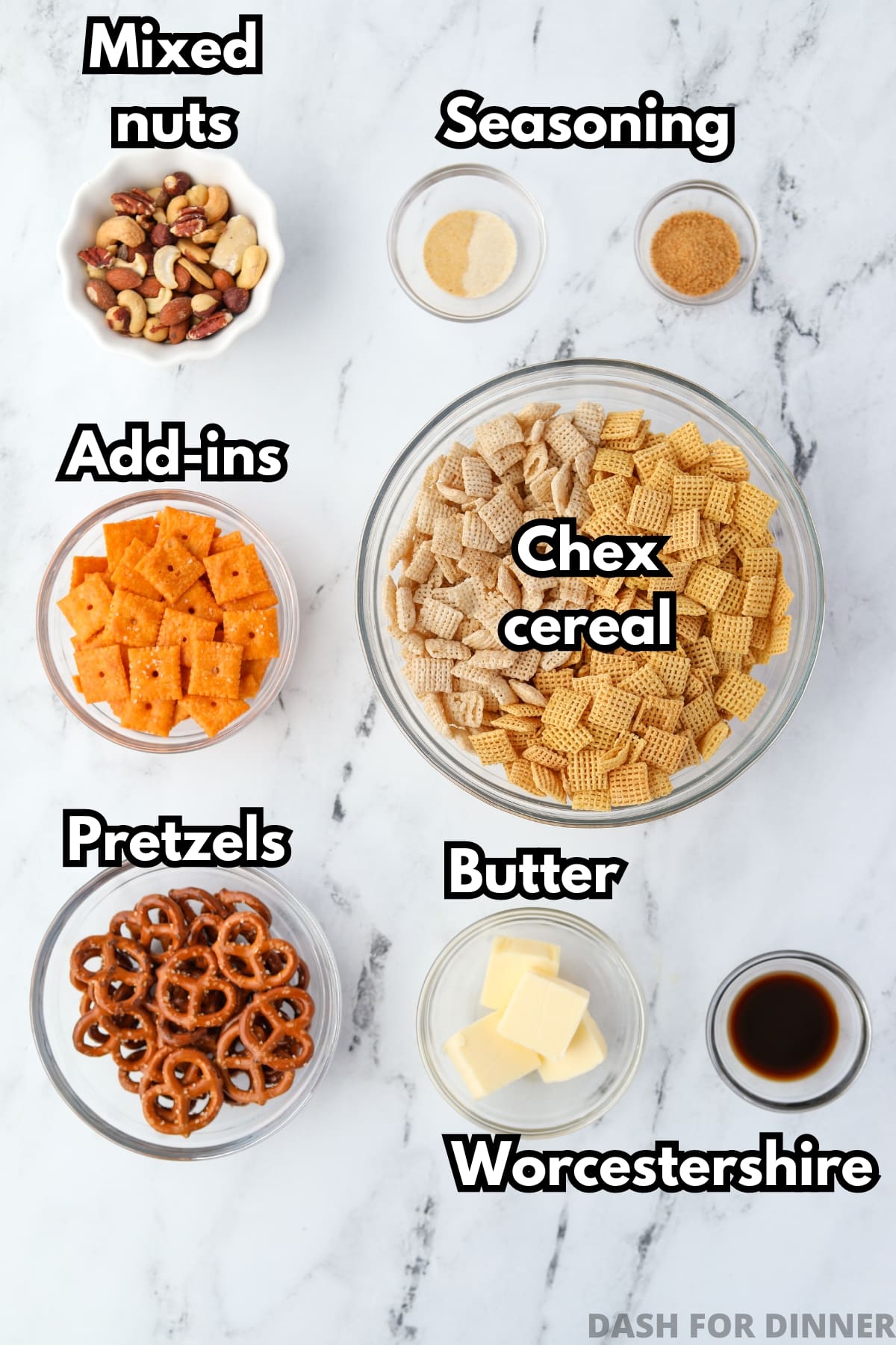 The ingredients needed to make Chex mix: cereal, nuts, pretzels, butter, etc.