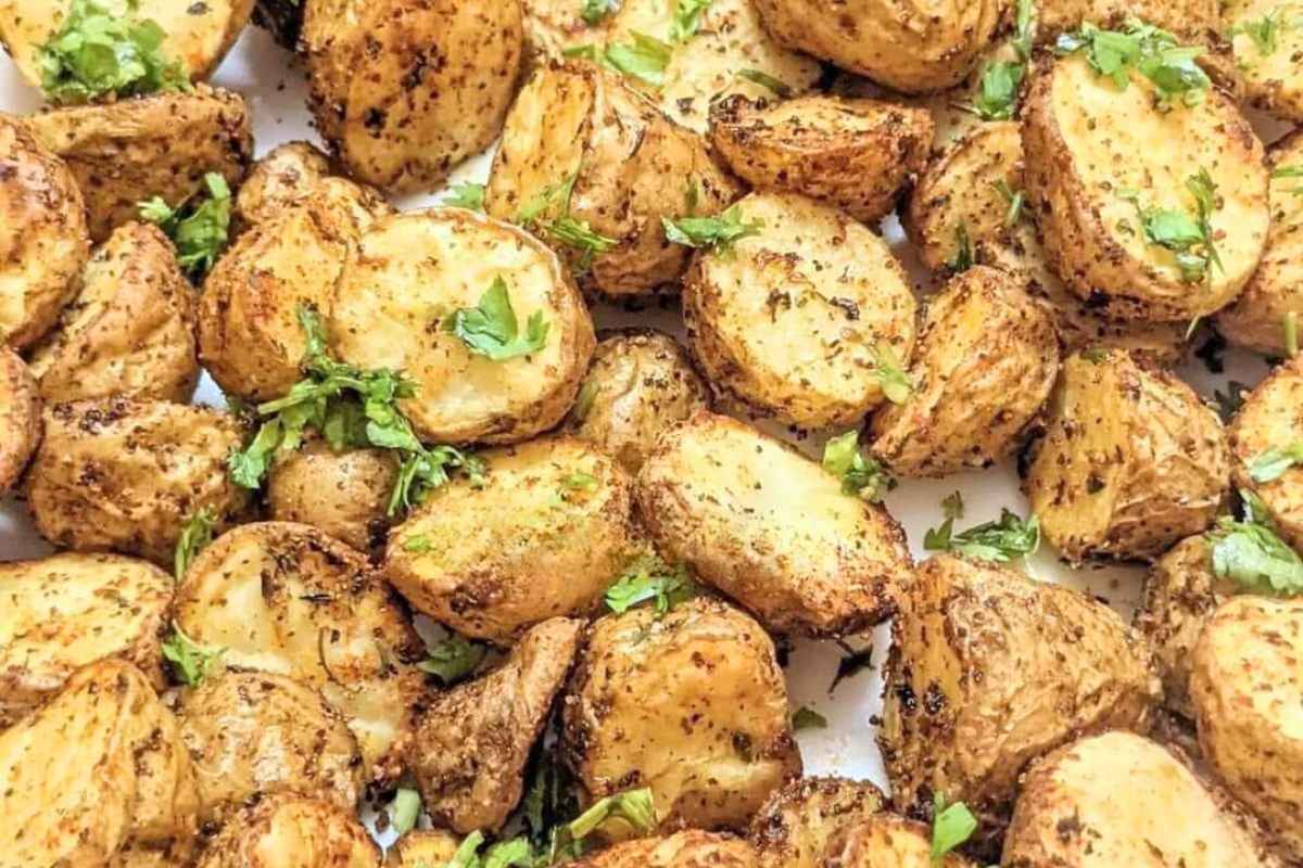 Close up of delicious roasted baby potatoes in air fryer