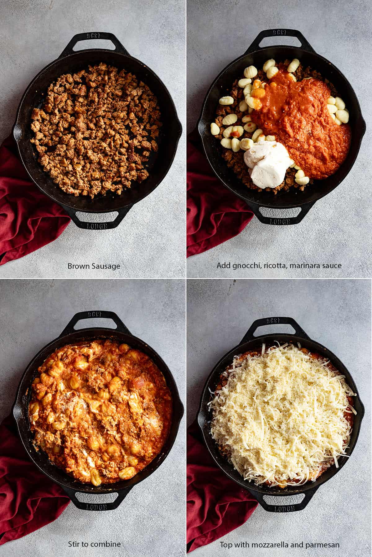 Four pictures showing how to make this casserole. Brown the sausage, stir in the gnocchi, ricotta, and pasta sauce. Top with mozzarella and parmesan.