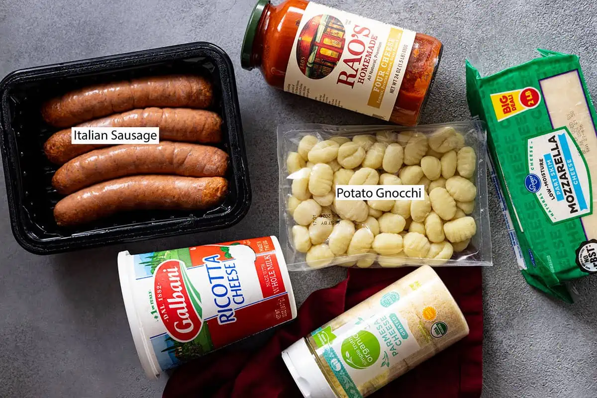 Ingredients: Gnocchi, Italian sausage, spaghetti sauce, ricotta, parmesan, and mozzarella. 
