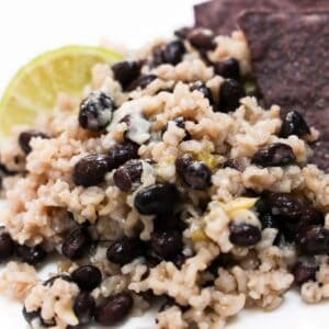 Black beans and rice with a lime wedge and a few blue tortilla chips on a white plate.