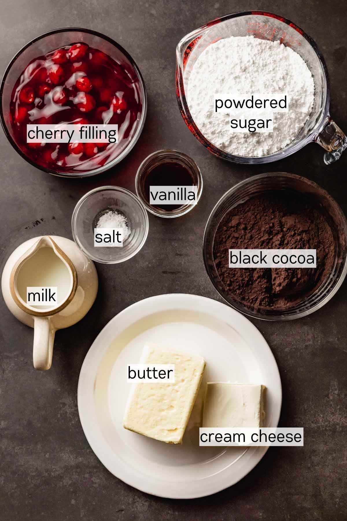 ingredients in bowls for black velvet frosting