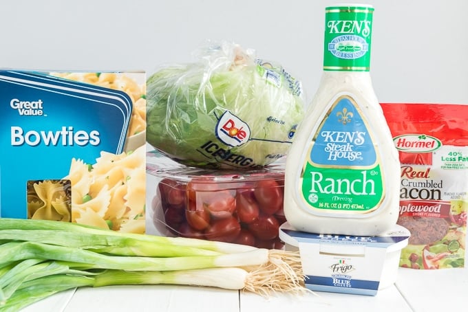 BLT pasta salad ingredients on a counter
