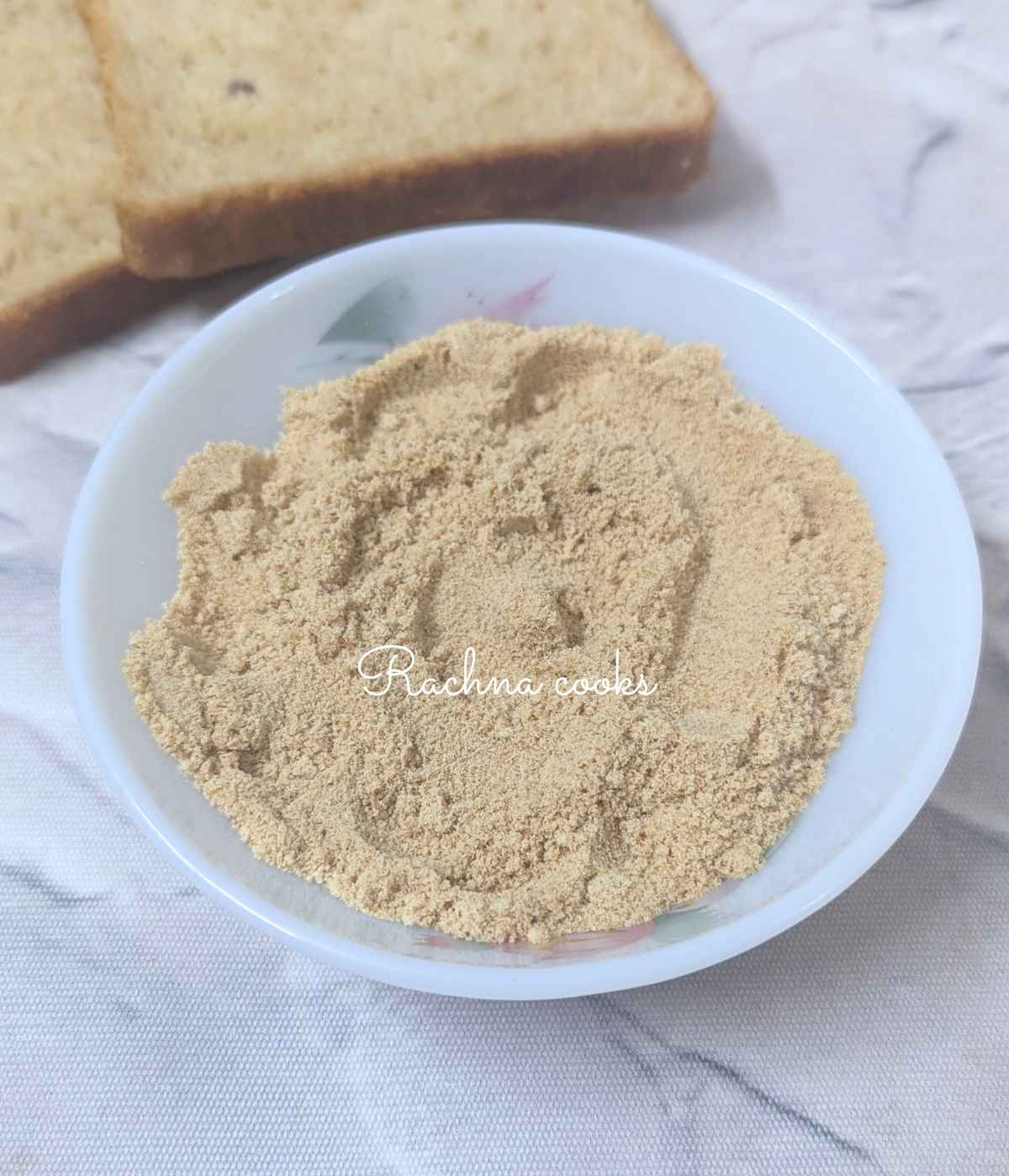 Freshly prepared breadcrumbs in a bowl