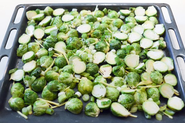 Brussels sprouts on roasting tray