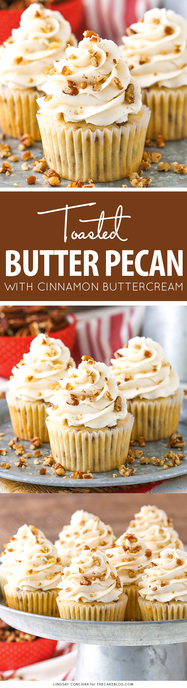 Butter Pecan Cupcakes - moist vanilla cupcakes studded with toasted butter pecans and topped with cinnamon buttercream frosting | by Lindsay Conchar for TheCakeBlog.com