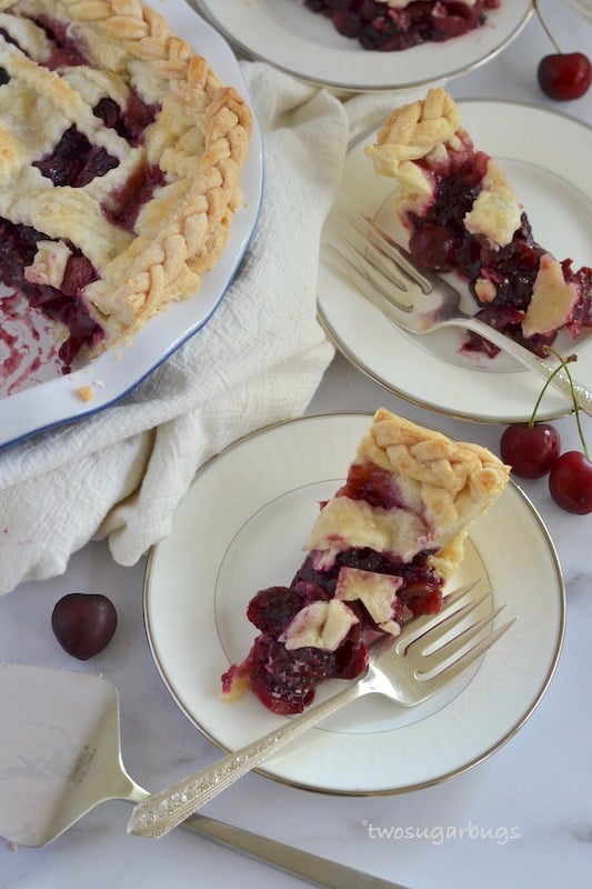 Cut pieces of pie on plates