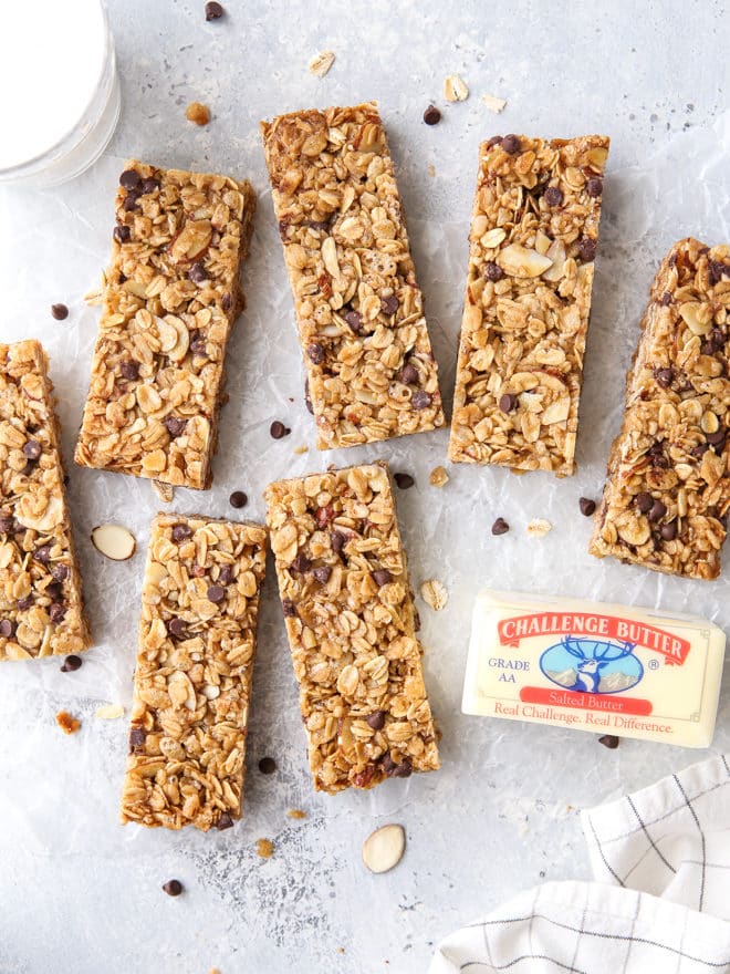 These homemade chewy chocolate chip granola bars are sweet and satisfying, and so much better than store-bought!
