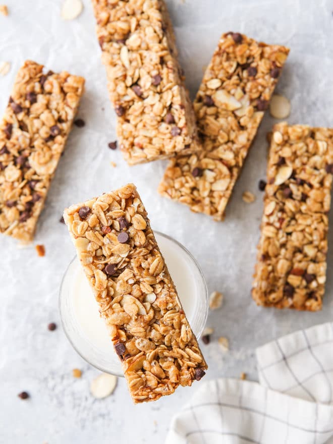 These homemade chewy chocolate chip granola bars are sweet and satisfying, and so much better than store-bought!