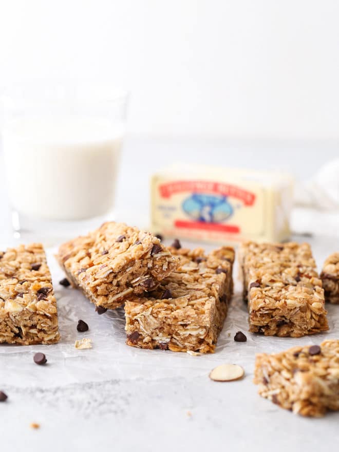 These homemade chewy chocolate chip granola bars are sweet and satisfying, and so much better than store-bought!