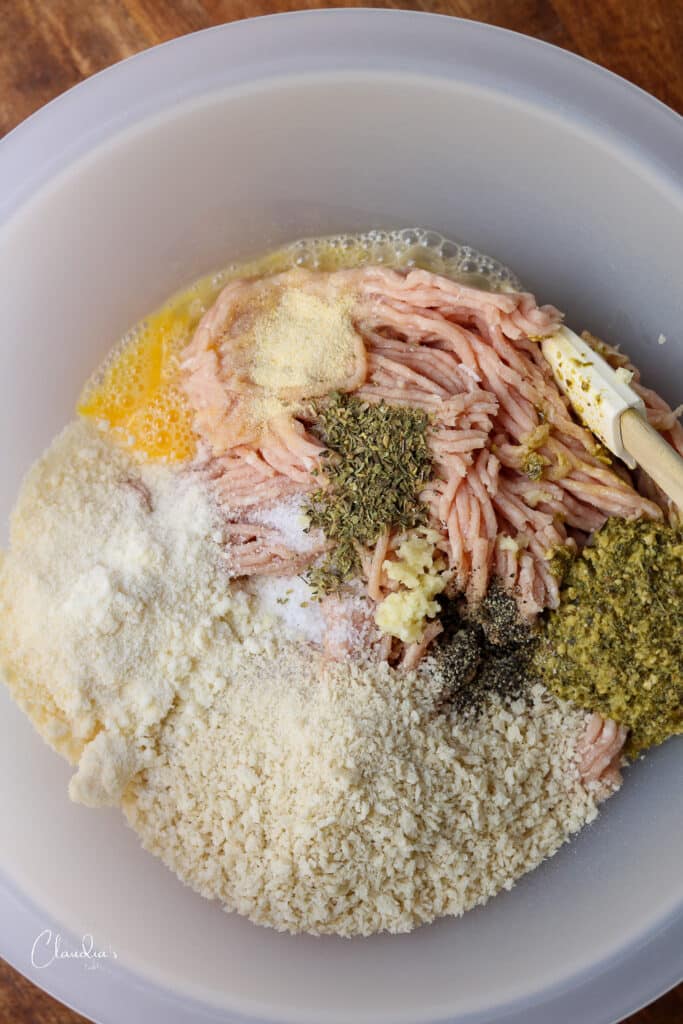 raw ingredients for chicken pesto meatballs