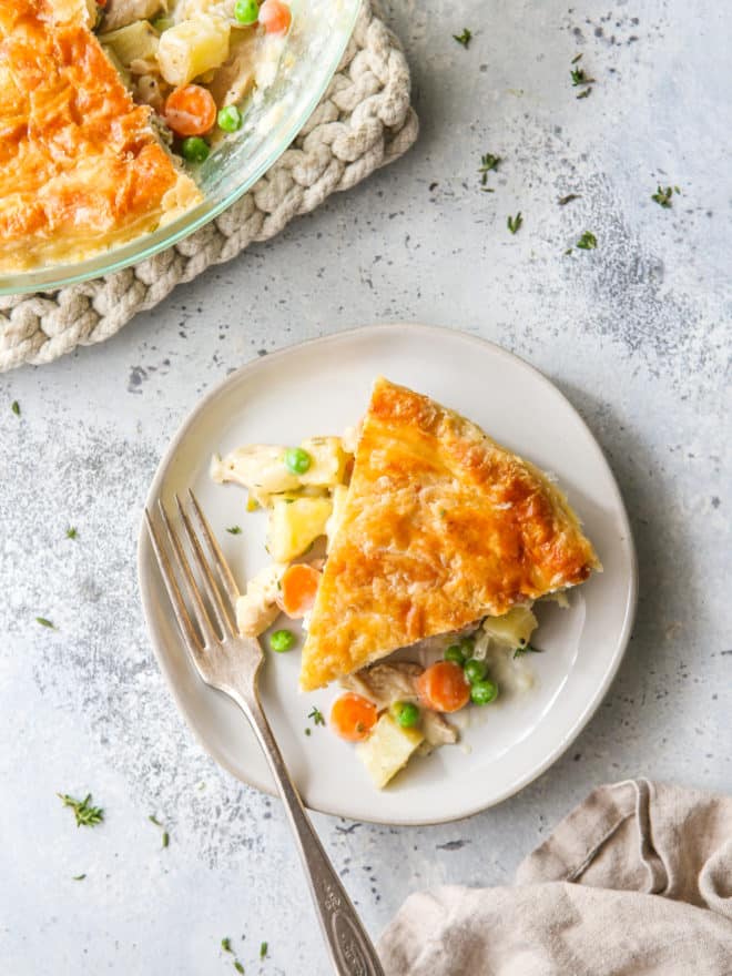 chicken pot pie slice on a plate