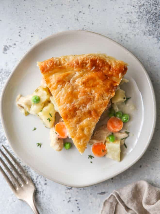 closeup of chicken pot pie slice on a plate