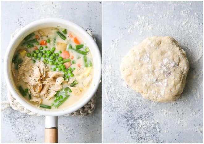 chicken pot pie filling in a pot, and pie crust dough