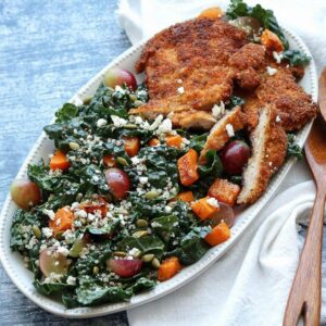 square image chicken schnitzel with kale autumn salad