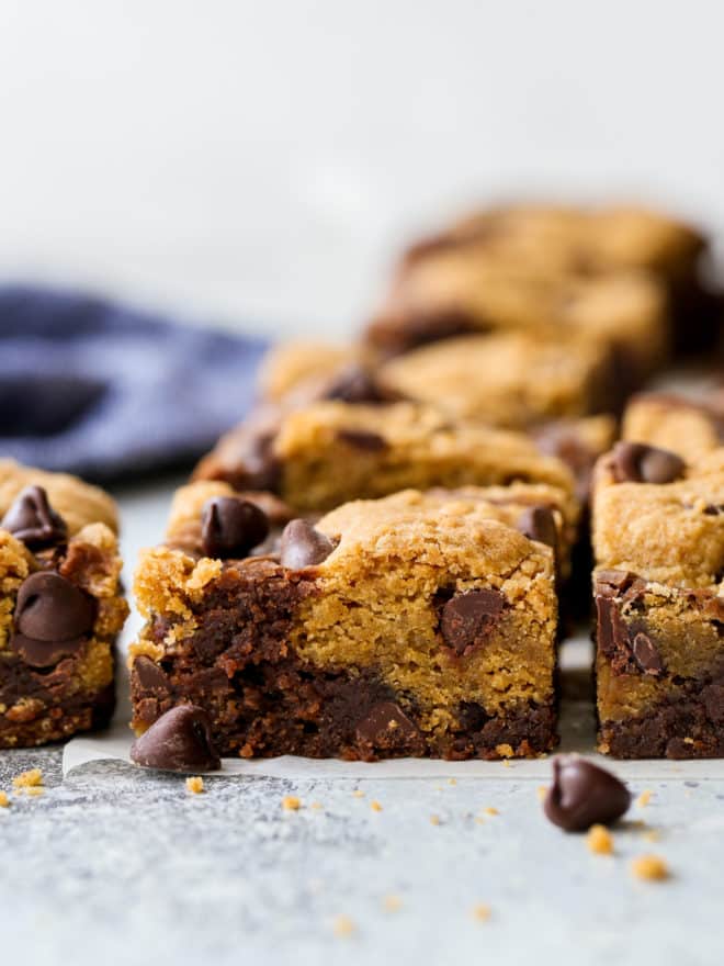 closeup of chocolate chip cookie brownies