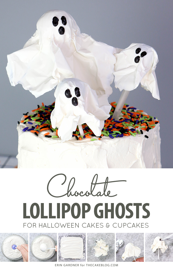 Chocolate Lollipop Ghosts - how to make edible lollipop ghosts for Halloween cakes and cupcakes using white chocolate and suckers | by Erin Gardner for TheCakeBlog.com