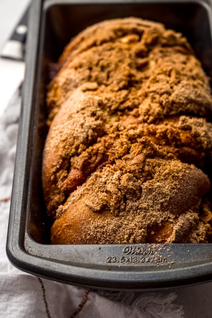 Cinnamon babka in a loaf pan.
