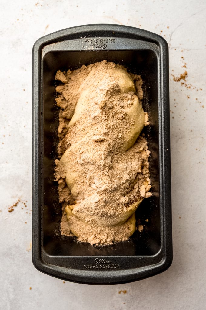 Aerial photo of cinnamon babka in a loaf pan before baking.