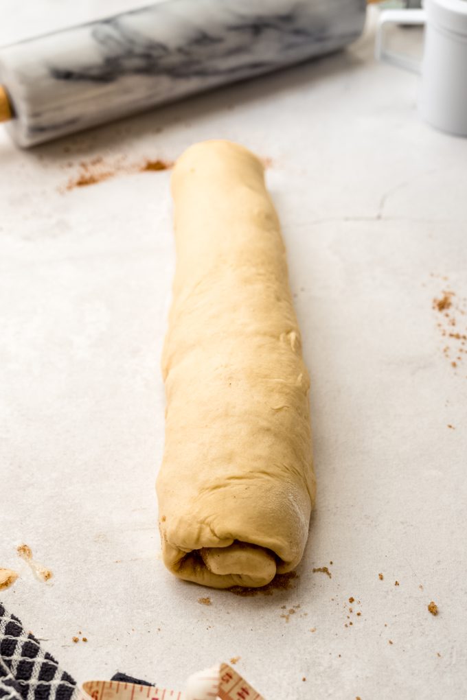 A loaf of cinnamon babka dough before slicing to shape it.