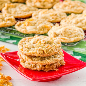 up close of stack of corn flake cookies