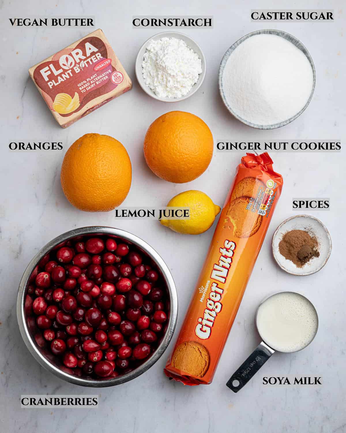A labelled photo of the ingredients needed to make vegan cranberry curd tart.
