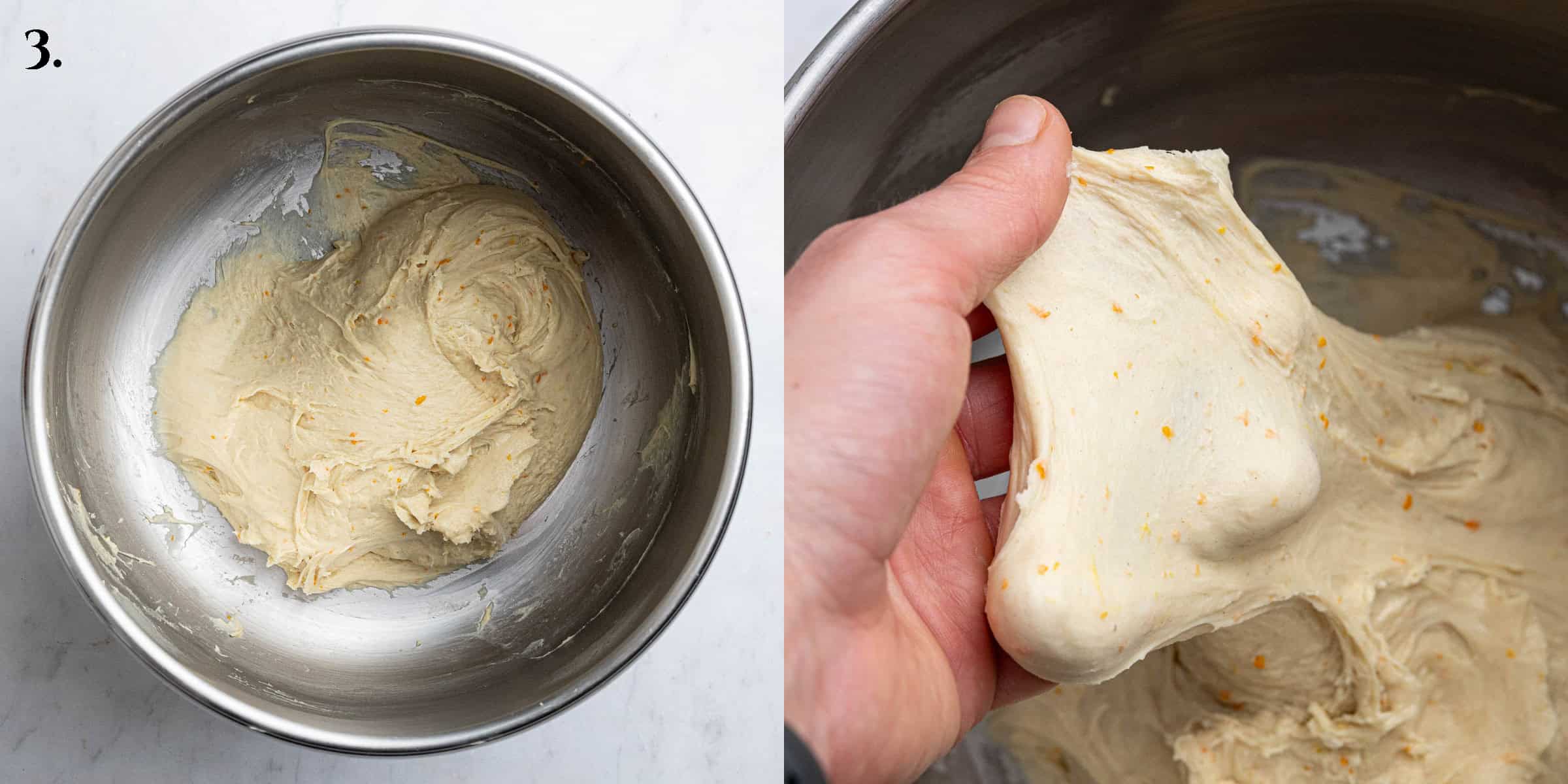 Step 3, a two image collage of the finished dough and the windowpane test.