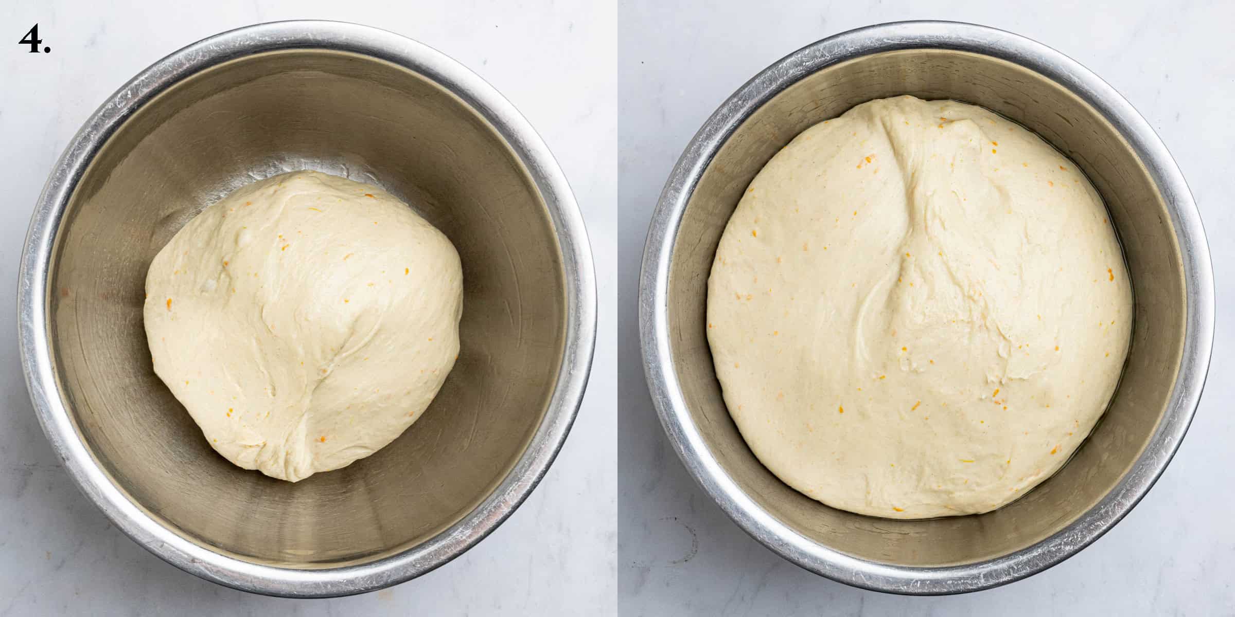Step 4, a two image collage of the dough before and after rising.