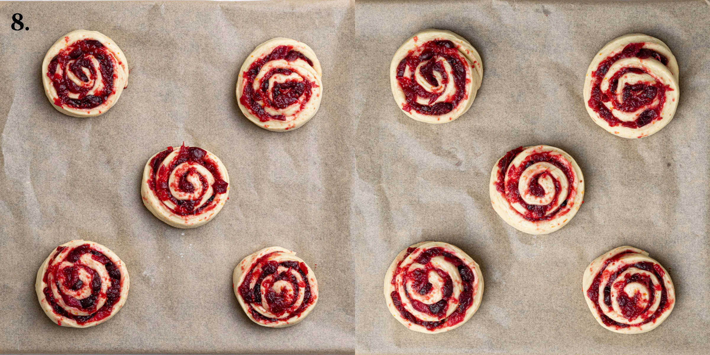 Step 8, a two image collage of the buns before and after rising.