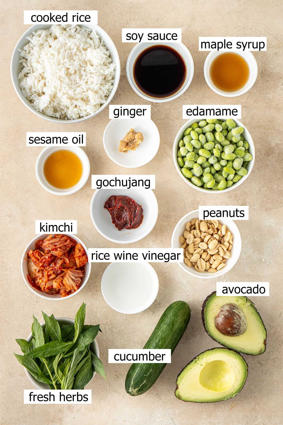 All ingredients needed to make crispy rice salad laid out in small bowls.