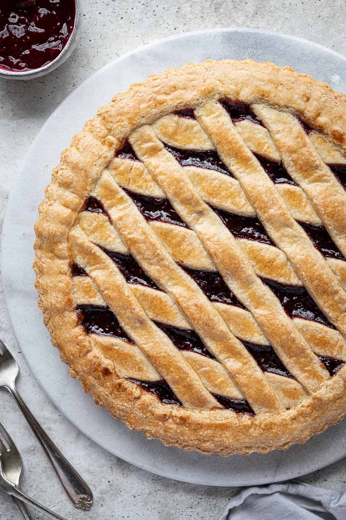 Close up of vegan jam crostata.