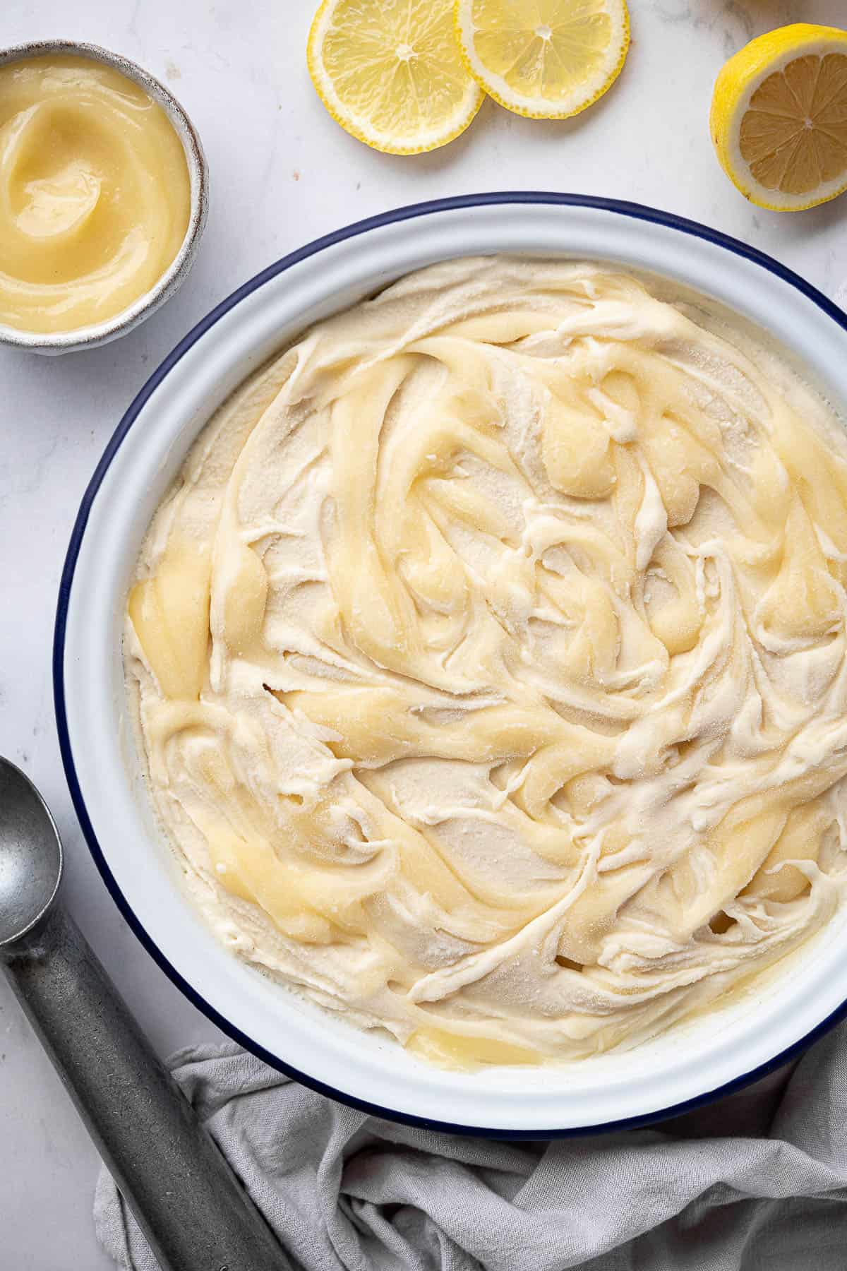 Close up of a bowl of vegan lemon ice cream.