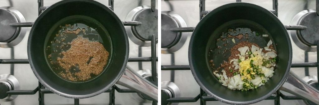 Cooking the cumin seeds and aromatics for dry vegetable curry