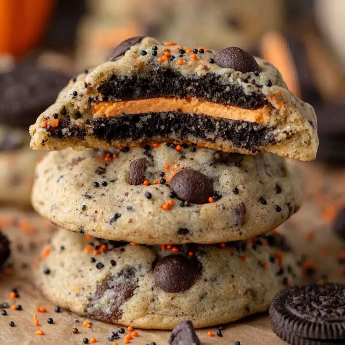 Homemade Halloween cookies stacked with chocolate chips, orange sprinkles, and Oreo filling.