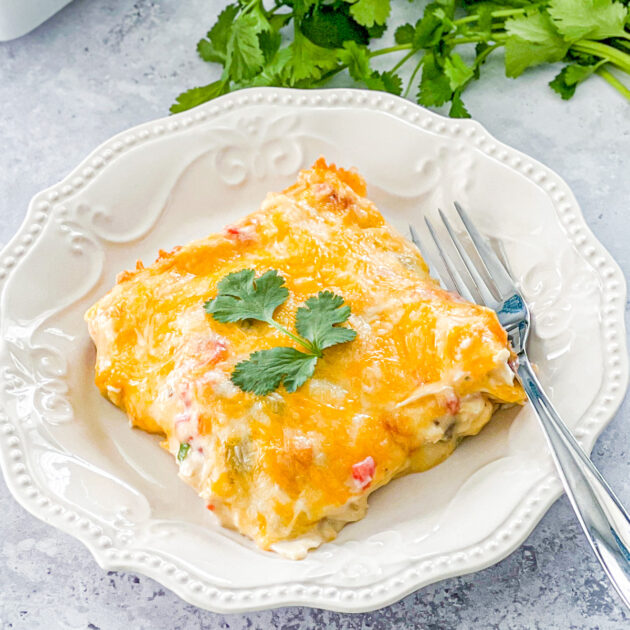 easy layered chicken enchilada casserole made with green enchilada sauce