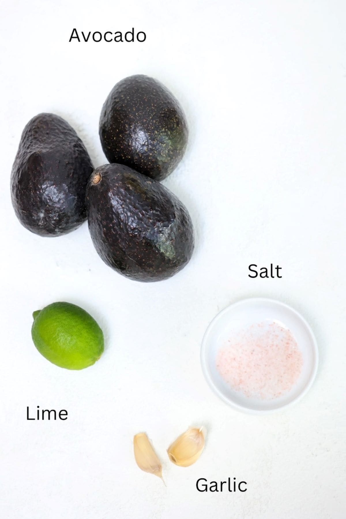 Avocado, lime, garlic, and salt labeled.
