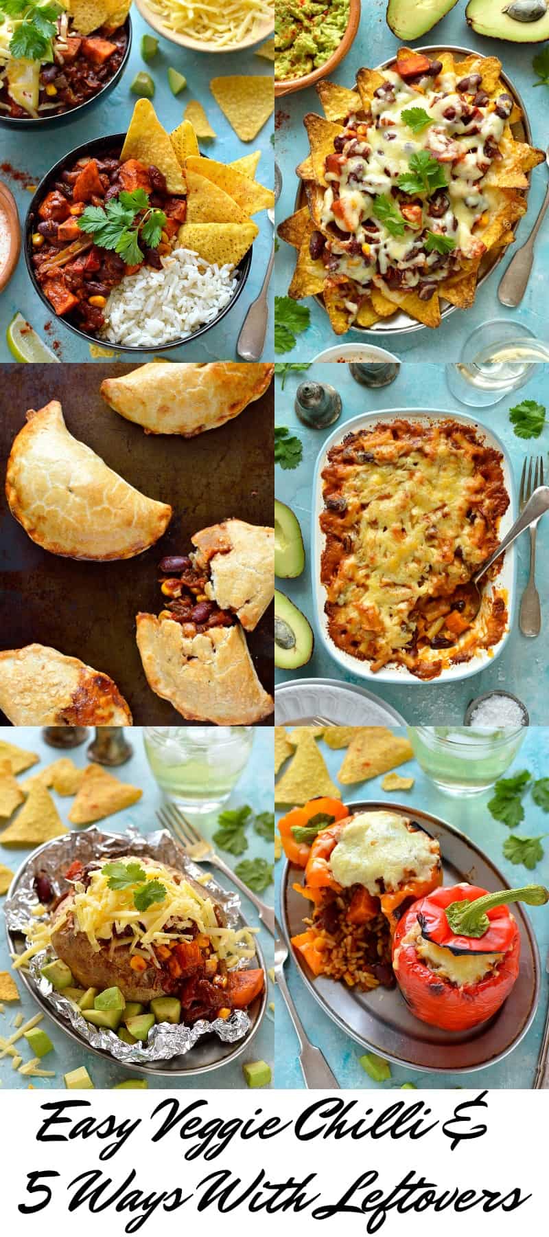 Easy veggie chilli recipe - a quick, easy, healthy and delicious recipe for vegan chilli and five ways to use up leftovers.