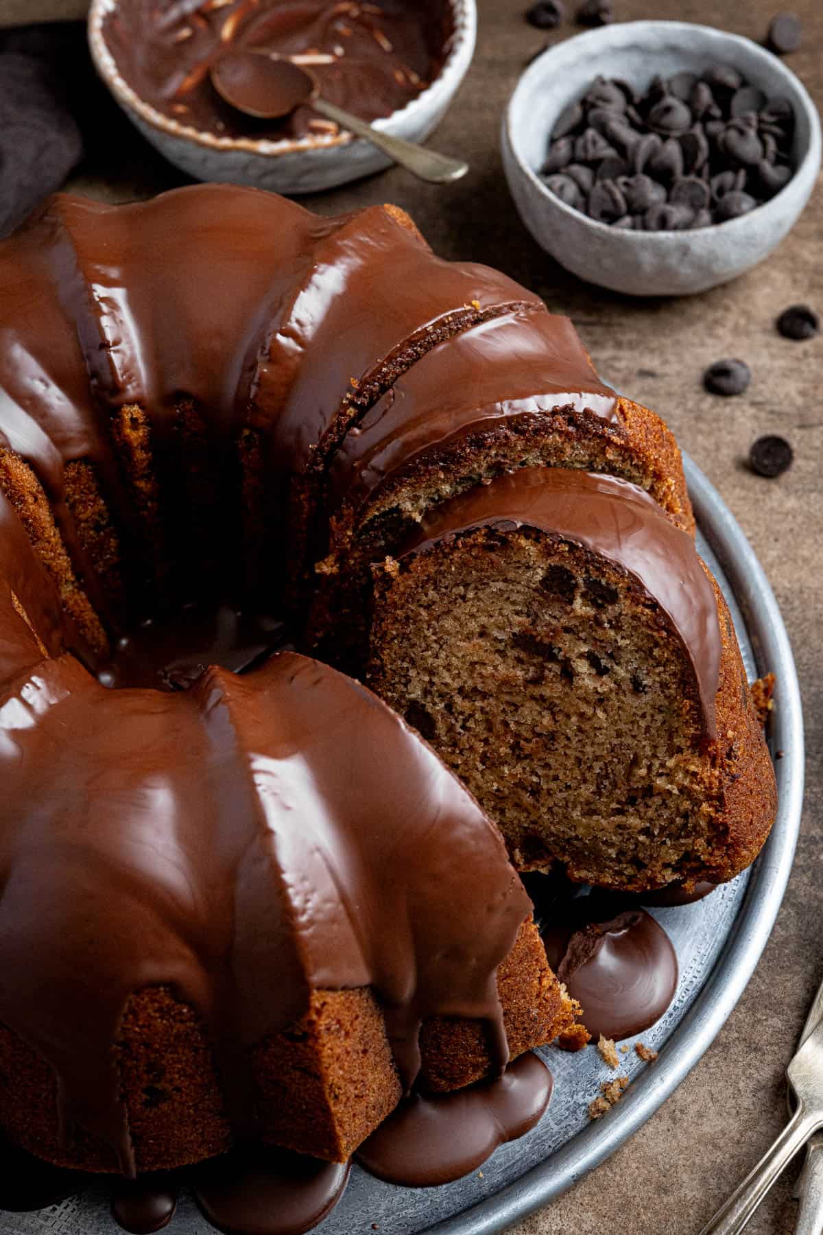 Close up of the sliced vegan banana bundt cake.