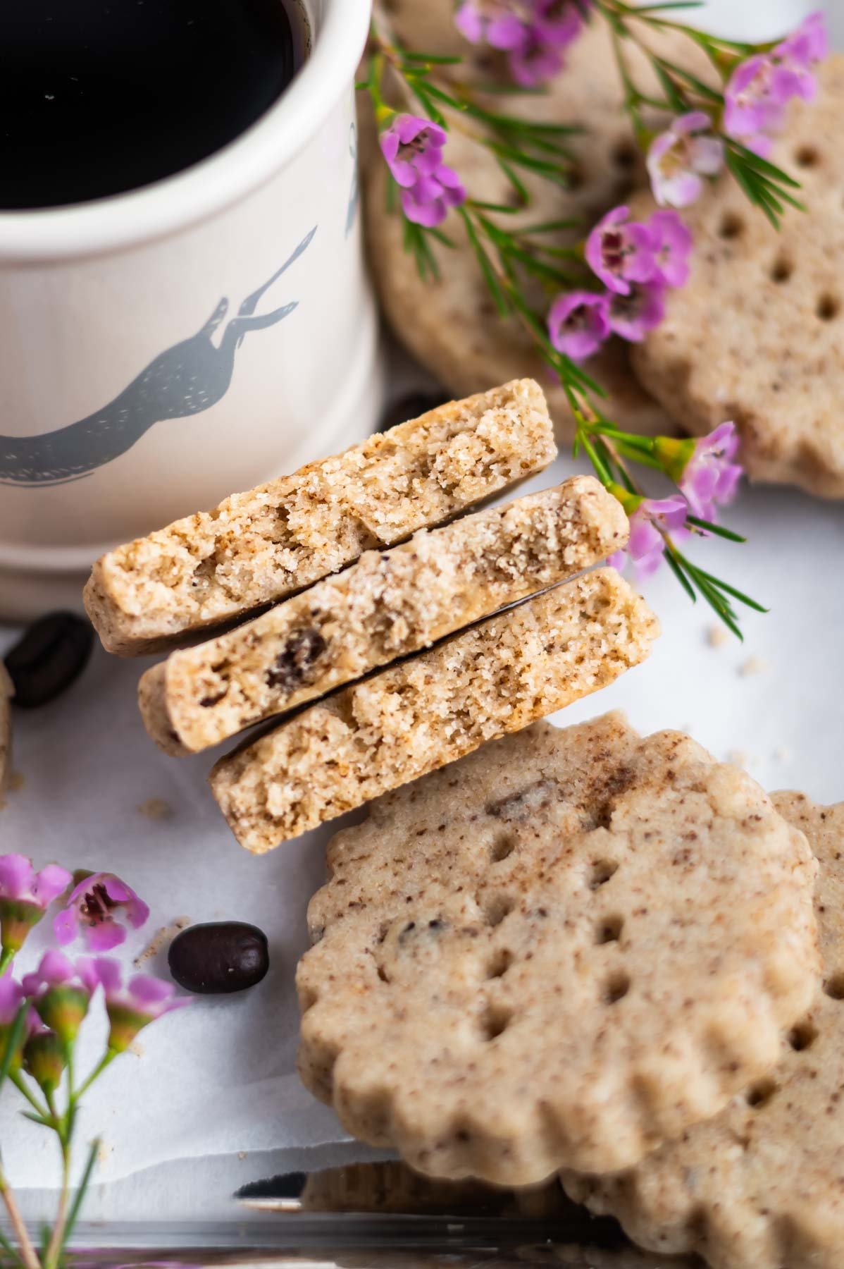 espresso shortbread cookies broken in half to show tender and slightly crumbly texture