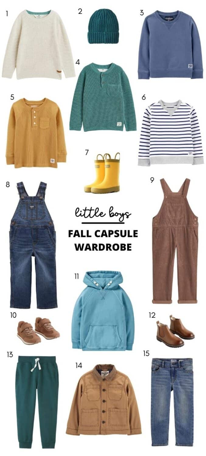 little boys fall capsule wardrobe graphic with different matching boys outfit ideas