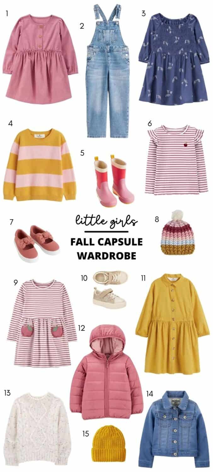 little girls fall capsule wardrobe graphic with different matching boys outfit ideas