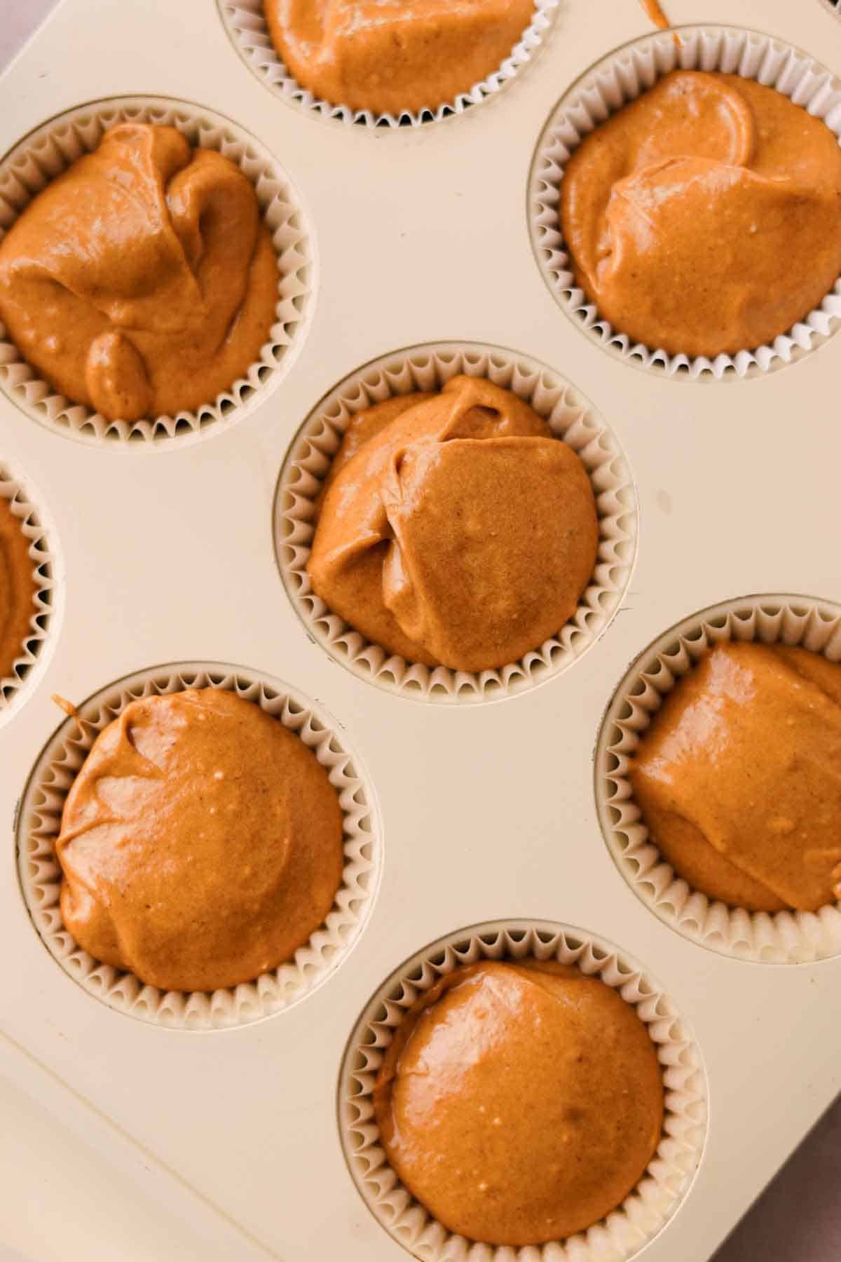 gingerbread cupcake batter ready to bake in muffin tins