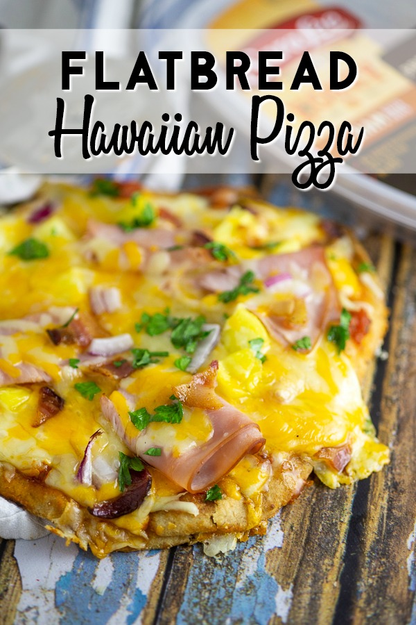 This Flatbread Hawaiian Pizza is quick, easy, and totally delicious! An addicting tangy, salty sweet combination with ham, pineapple, cheese, and a little bacon for good measure. 