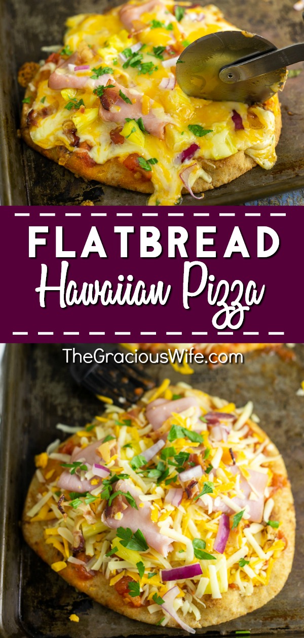 This Flatbread Hawaiian Pizza is quick, easy, and totally delicious! An addicting tangy, salty sweet combination with ham, pineapple, cheese, and a little bacon for good measure. 