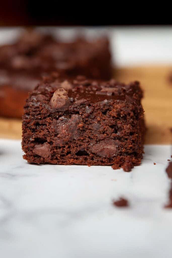 fudgy and thick flourless brownie with chocolate chips