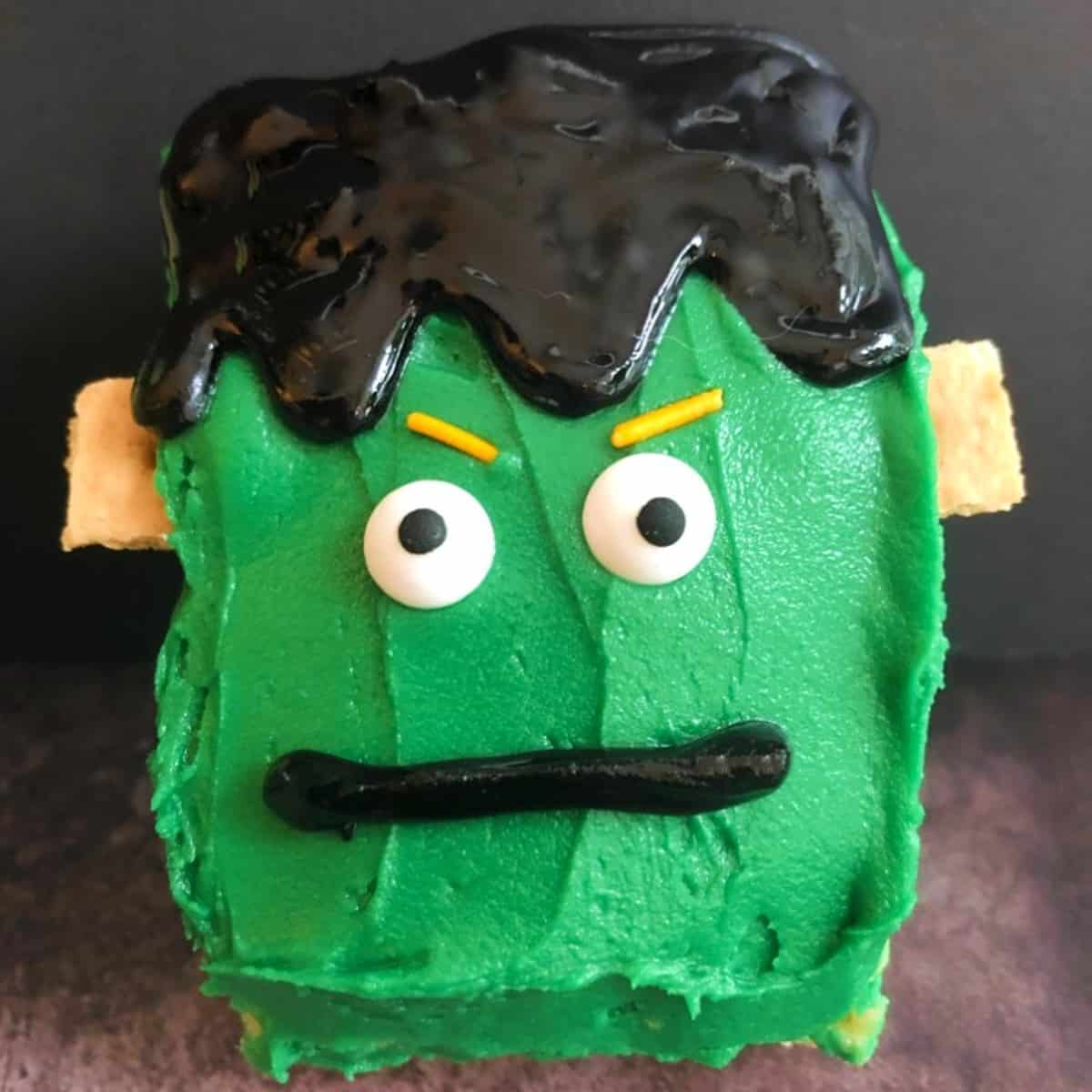 frankenstein rice cereal treat with frosting.