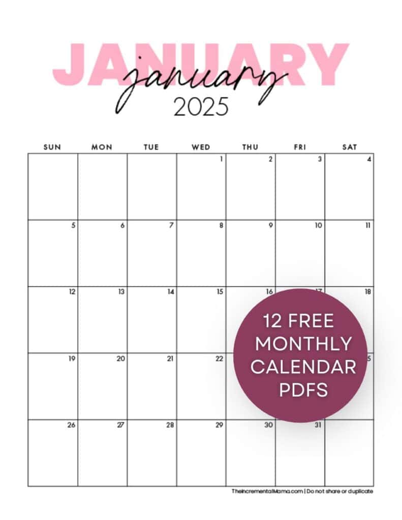 january 2025 free printable calendar PDF